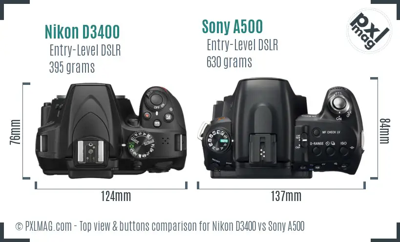 Nikon D3400 vs Sony A500 top view buttons comparison