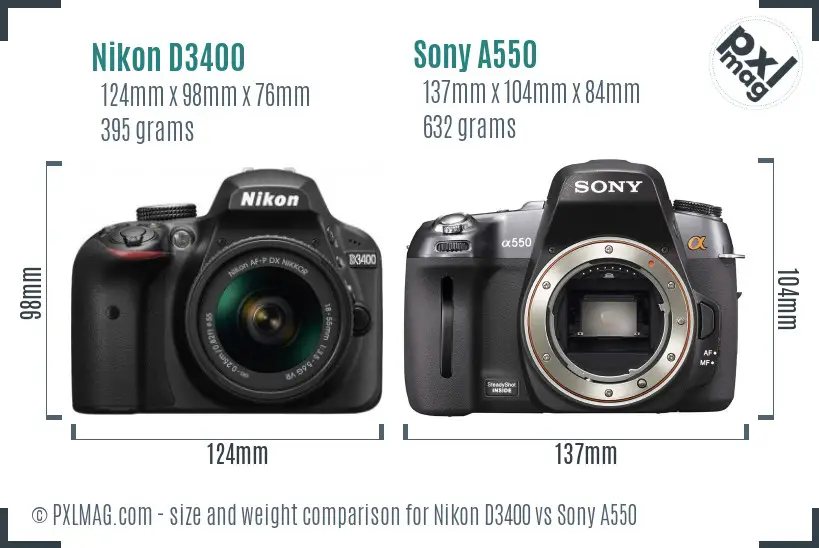 Nikon D3400 vs Sony A550 size comparison