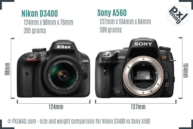 Nikon D3400 vs Sony A560 size comparison