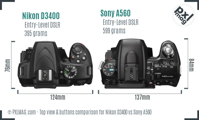 Nikon D3400 vs Sony A560 top view buttons comparison