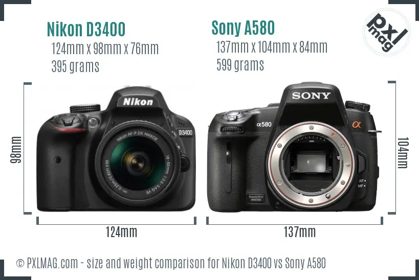 Nikon D3400 vs Sony A580 size comparison