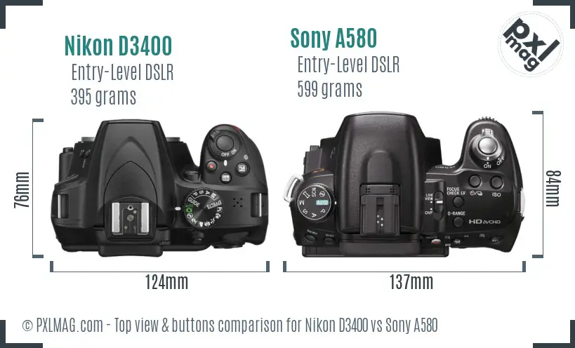 Nikon D3400 vs Sony A580 top view buttons comparison
