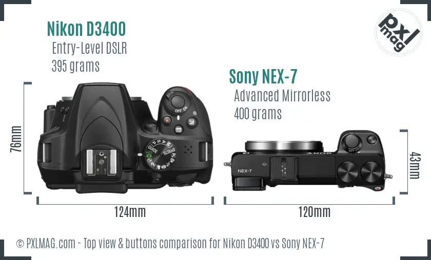 Nikon D3400 vs Sony NEX-7 top view buttons comparison