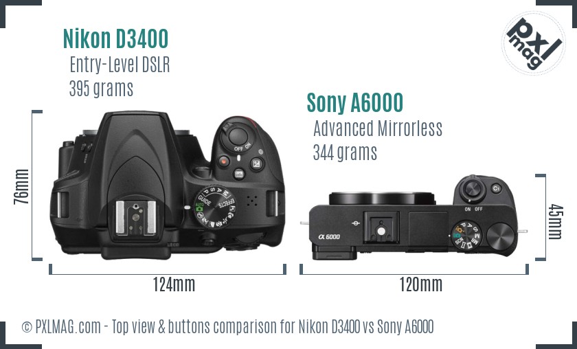 Nikon D3400 vs Sony A6000 top view buttons comparison