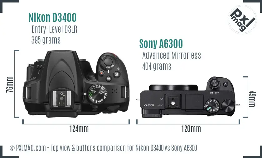 Nikon D3400 vs Sony A6300 top view buttons comparison Nikon D3400 vs Sony A6300 top view buttons comparison