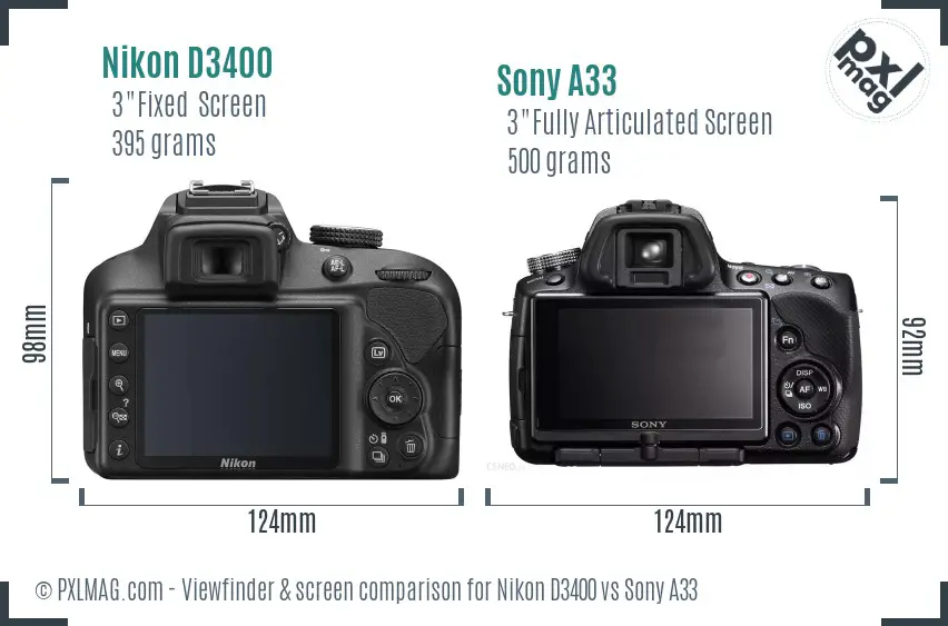 Nikon D3400 vs Sony A33 Screen and Viewfinder comparison