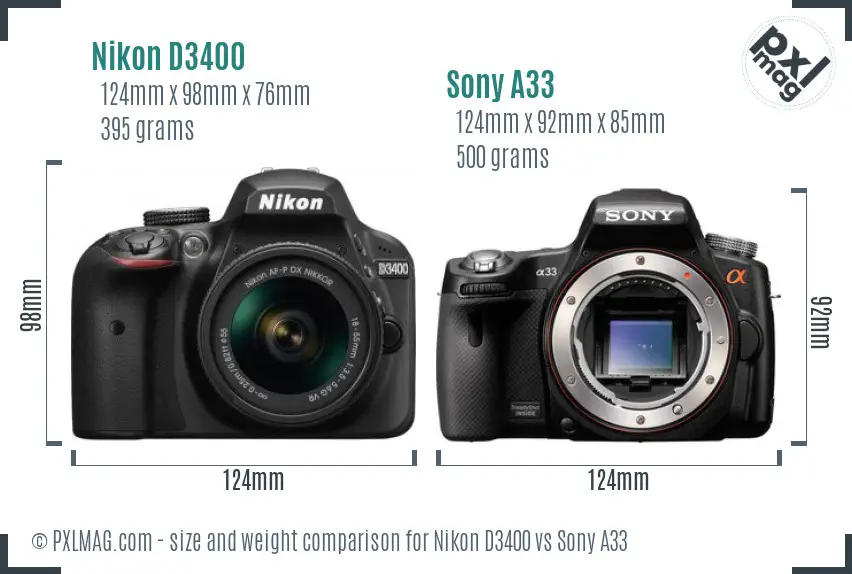Nikon D3400 vs Sony A33 size comparison