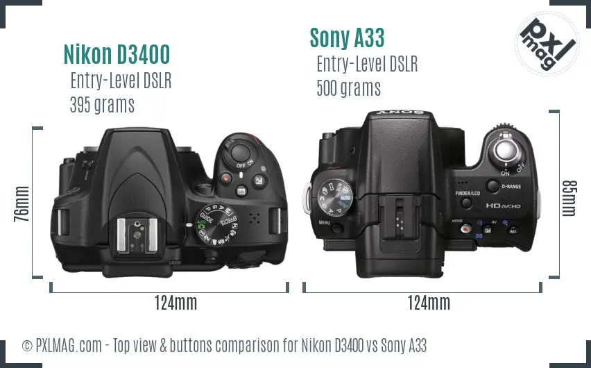 Nikon D3400 vs Sony A33 top view buttons comparison