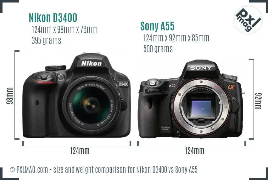 Nikon D3400 vs Sony A55 size comparison