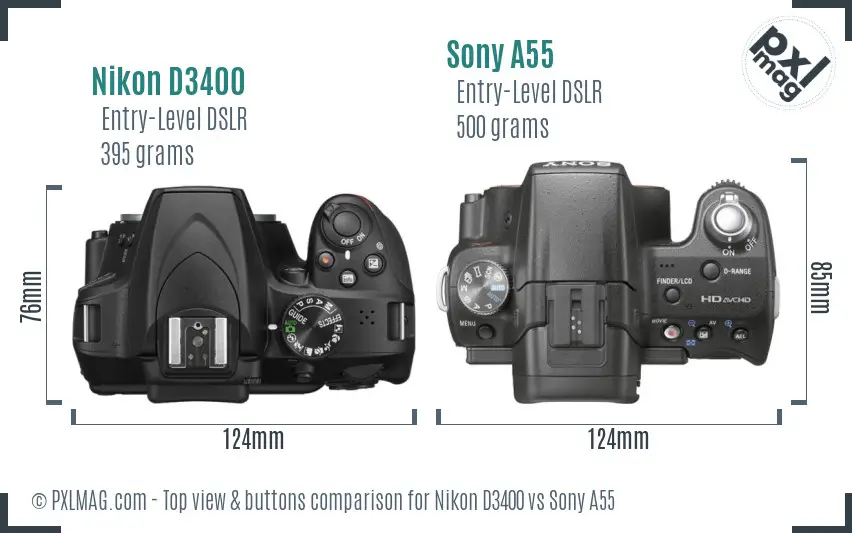 Nikon D3400 vs Sony A55 top view buttons comparison