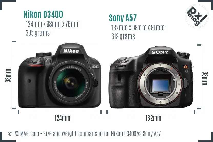 Nikon D3400 vs Sony A57 size comparison