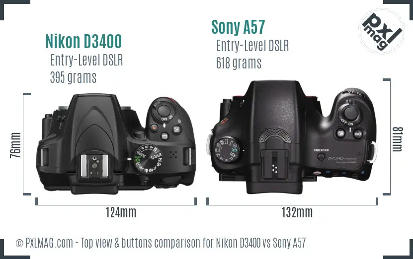 Nikon D3400 vs Sony A57 top view buttons comparison