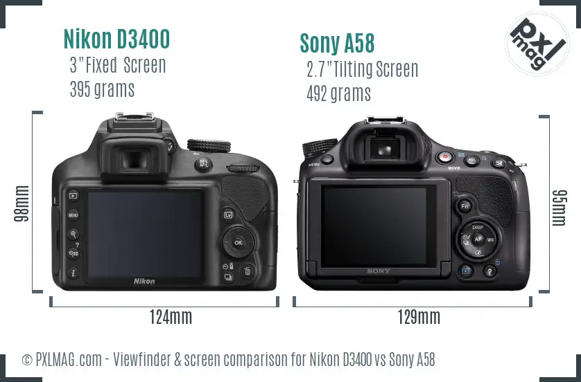Nikon D3400 vs Sony A58 Screen and Viewfinder comparison
