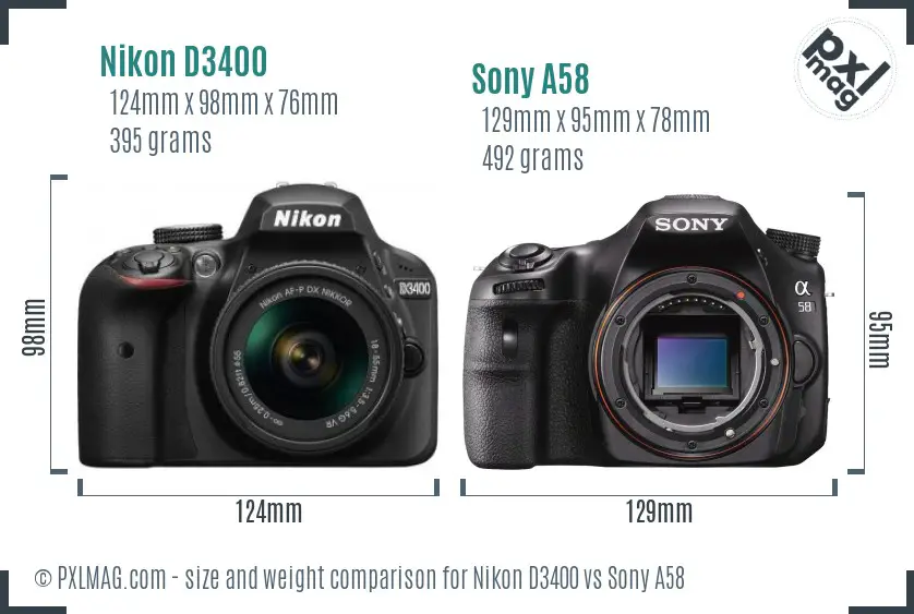 Nikon D3400 vs Sony A58 size comparison