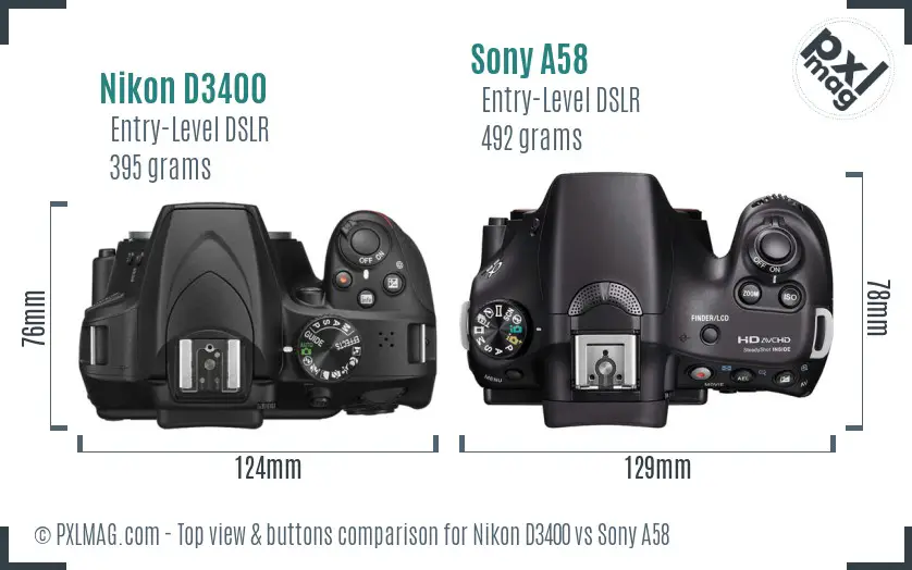 Nikon D3400 vs Sony A58 top view buttons comparison
