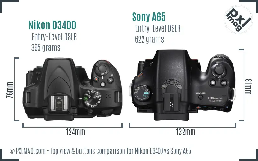 Nikon D3400 vs Sony A65 top view buttons comparison