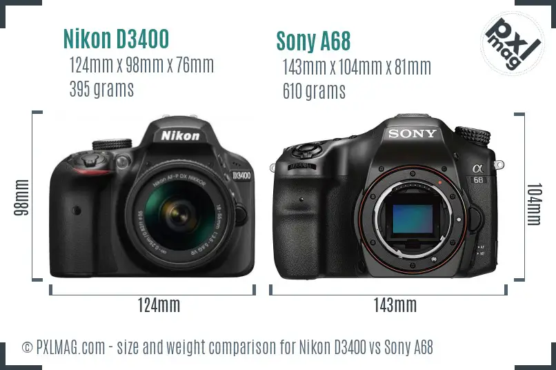 Nikon D3400 vs Sony A68 size comparison