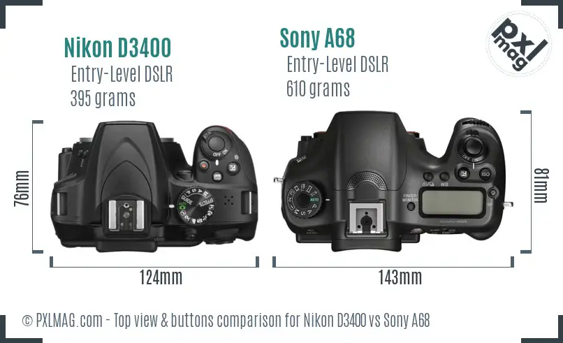 Nikon D3400 vs Sony A68 top view buttons comparison