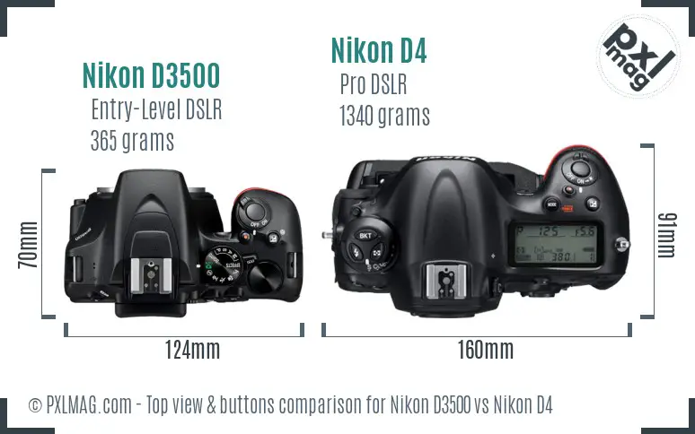 Nikon D3500 vs Nikon D4 top view buttons comparison