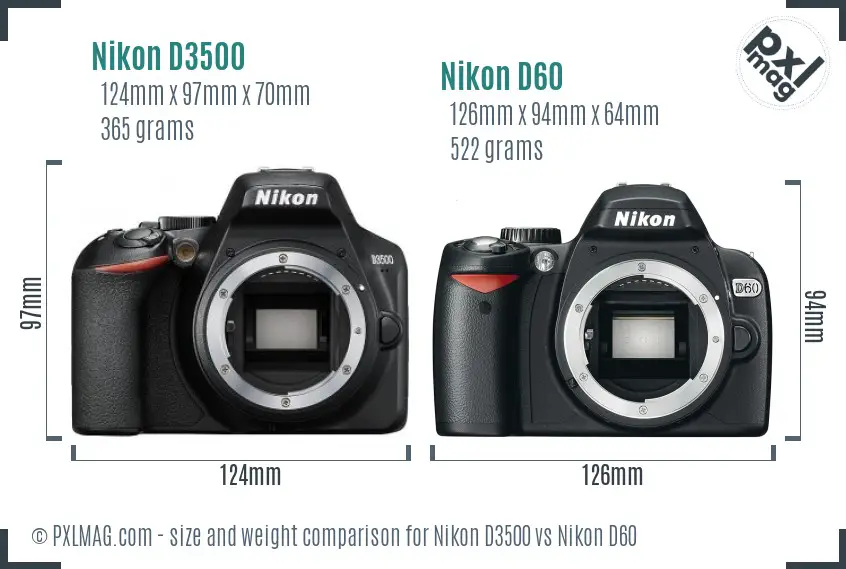 Nikon D3500 vs Nikon D60 size comparison