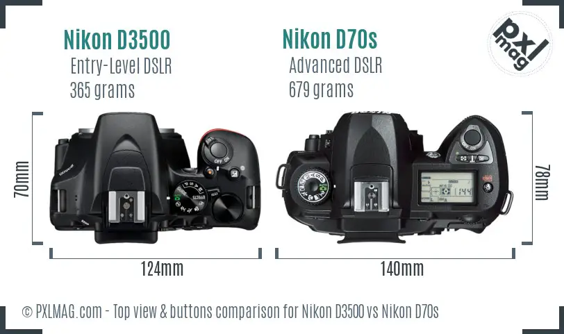 Nikon D3500 vs Nikon D70s top view buttons comparison