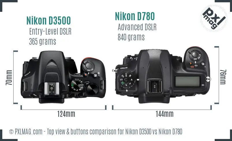 Nikon D3500 vs Nikon D780 top view buttons comparison Nikon D3500 vs Nikon D780 top view buttons comparison