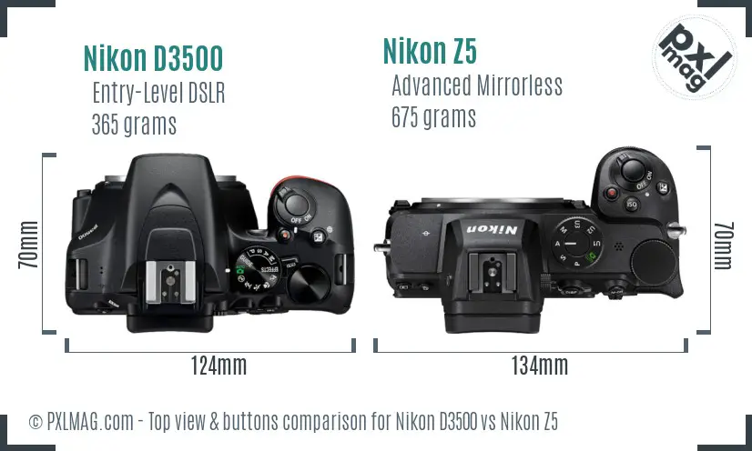 Nikon D3500 vs Nikon Z5 top view buttons comparison