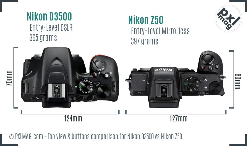 Nikon D3500 vs Nikon Z50 top view buttons comparison Nikon D3500 vs Nikon Z50 top view buttons comparison