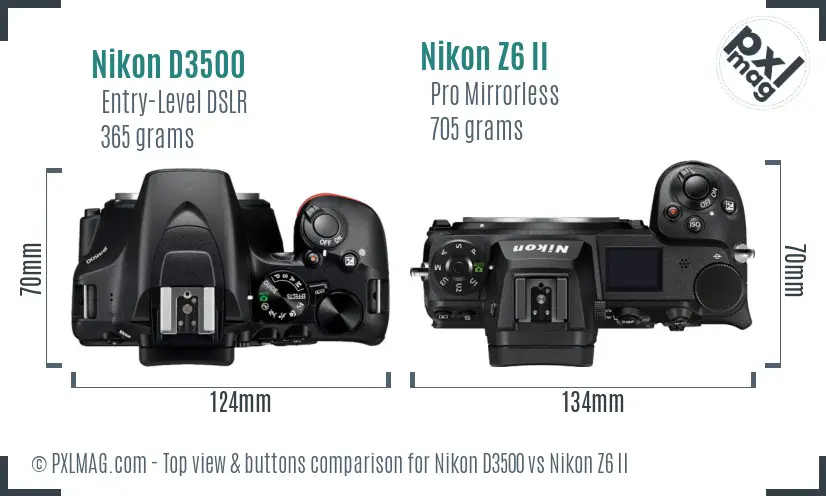 Nikon D3500 vs Nikon Z6 II top view buttons comparison