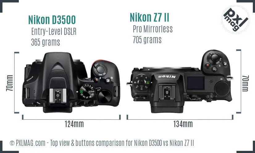 Nikon D3500 vs Nikon Z7 II top view buttons comparison