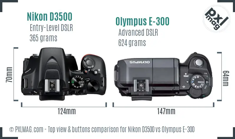 Nikon D3500 vs Olympus E-300 top view buttons comparison Nikon D3500 vs Olympus E-300 top view buttons comparison