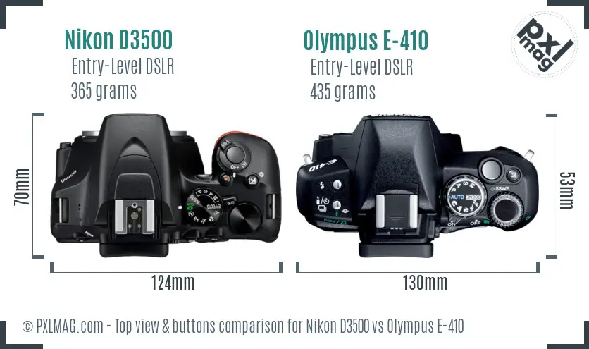 Nikon D3500 vs Olympus E-410 top view buttons comparison
