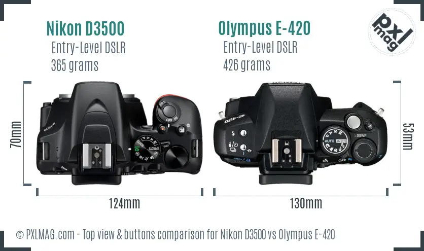 Nikon D3500 vs Olympus E-420 top view buttons comparison