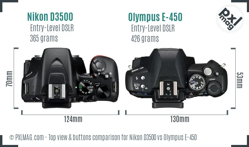 Nikon D3500 vs Olympus E-450 top view buttons comparison