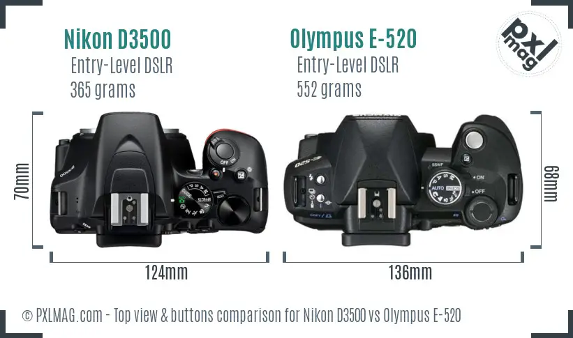 Nikon D3500 vs Olympus E-520 top view buttons comparison