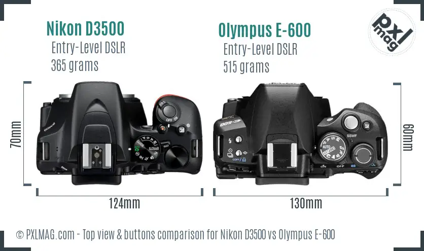 Nikon D3500 vs Olympus E-600 top view buttons comparison
