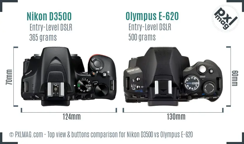 Nikon D3500 vs Olympus E-620 top view buttons comparison