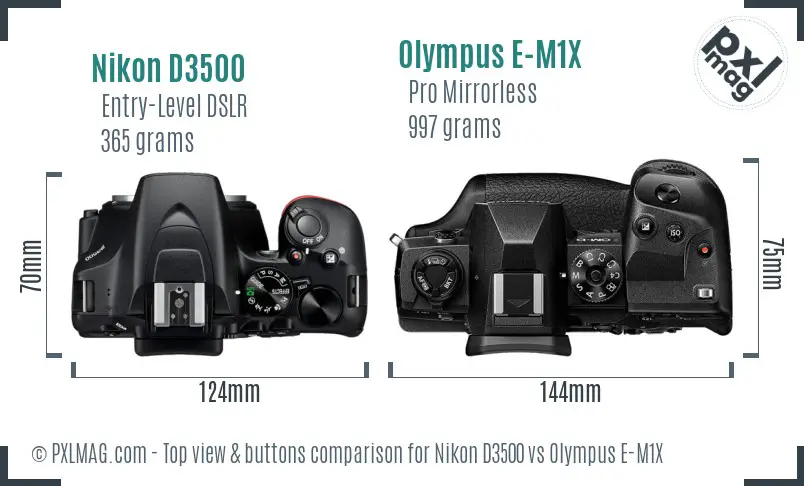 Nikon D3500 vs Olympus E-M1X top view buttons comparison Nikon D3500 vs Olympus E-M1X top view buttons comparison