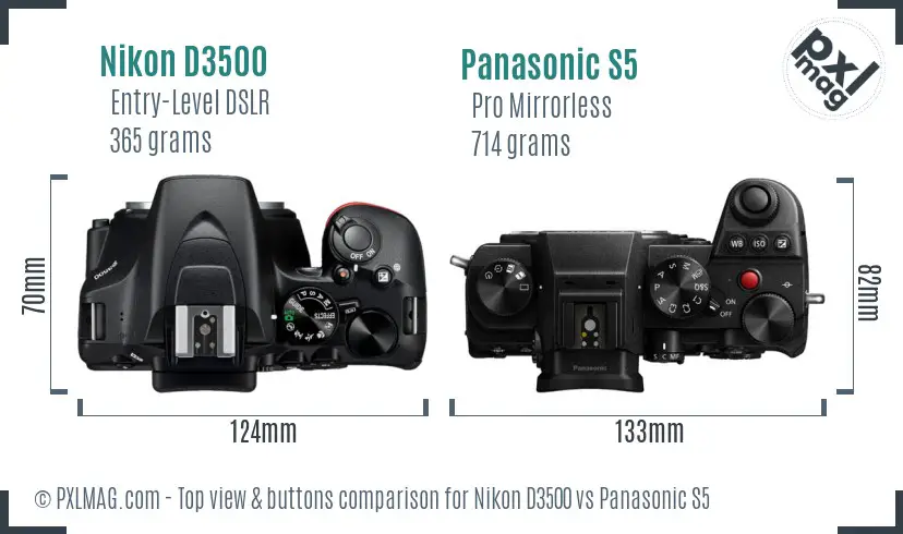 Nikon D3500 vs Panasonic S5 top view buttons comparison