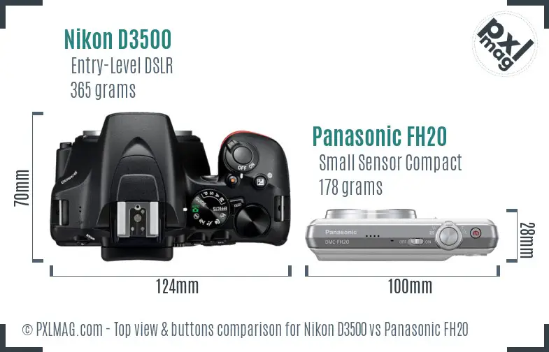 Nikon D3500 vs Panasonic FH20 top view buttons comparison