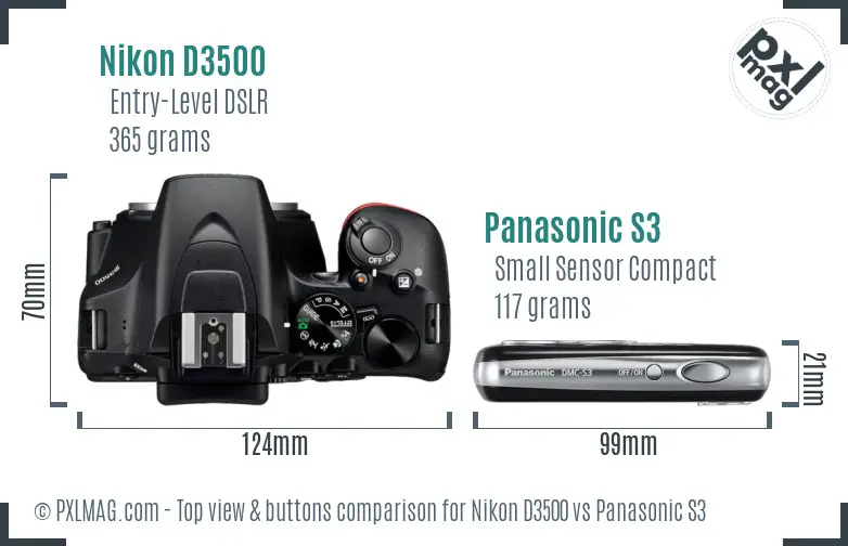 Nikon D3500 vs Panasonic S3 top view buttons comparison