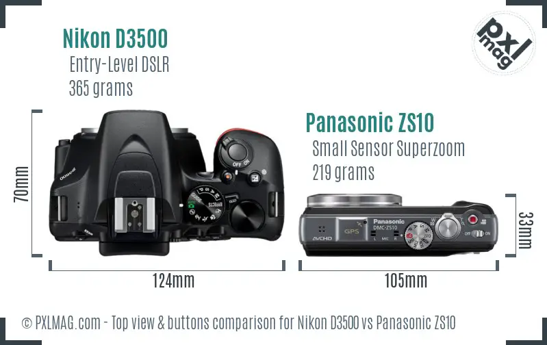 Nikon D3500 vs Panasonic ZS10 top view buttons comparison