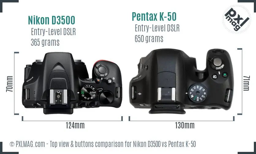 Nikon D3500 vs Pentax K-50 top view buttons comparison