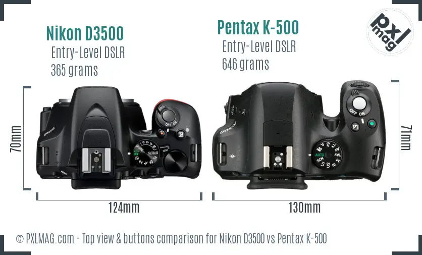 Nikon D3500 vs Pentax K-500 top view buttons comparison