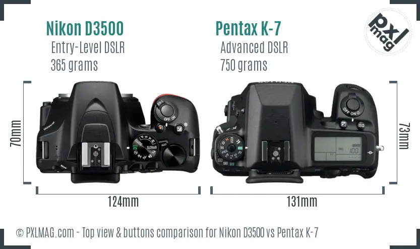 Nikon D3500 vs Pentax K-7 top view buttons comparison Nikon D3500 vs Pentax K-7 top view buttons comparison
