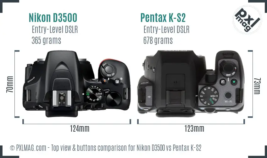 Nikon D3500 vs Pentax K-S2 top view buttons comparison