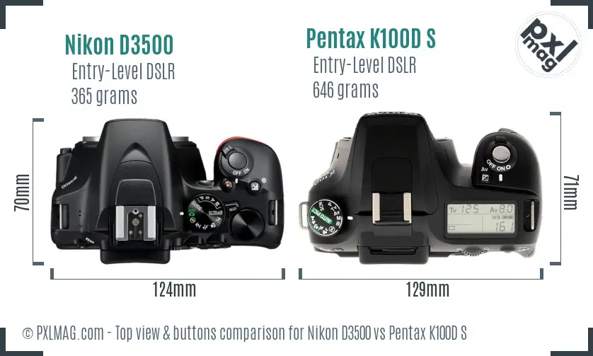 Nikon D3500 vs Pentax K100D S top view buttons comparison