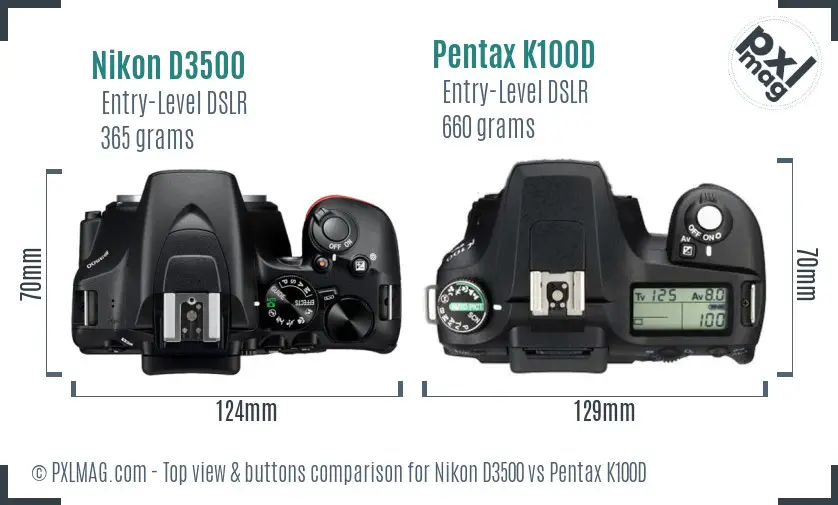 Nikon D3500 vs Pentax K100D top view buttons comparison