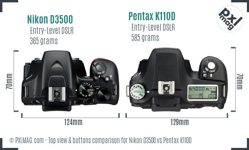 Nikon D3500 vs Pentax K110D top view buttons comparison
