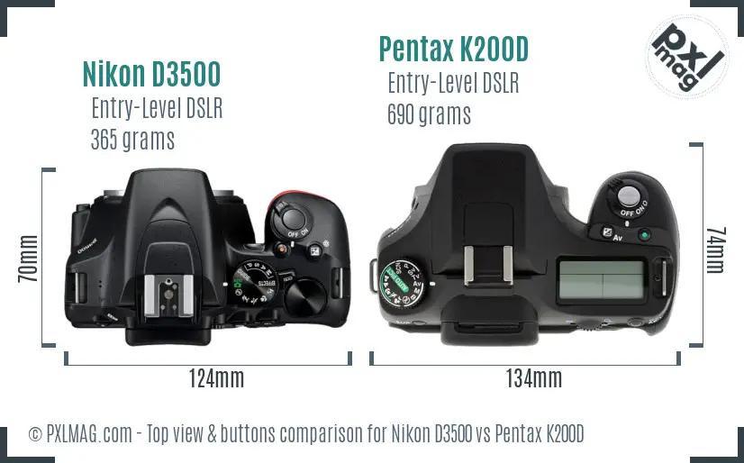 Nikon D3500 vs Pentax K200D top view buttons comparison